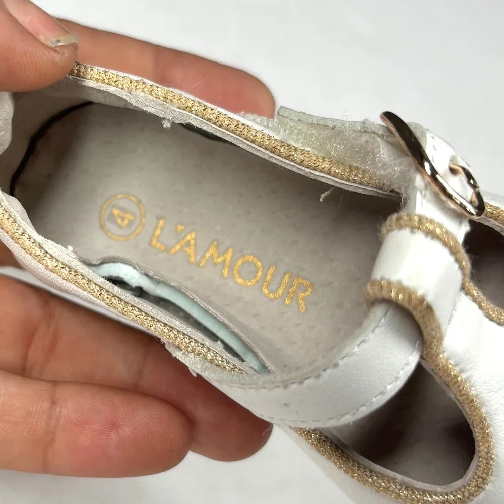 L'Amour White‎ Leather T-Strap Toddler 4 Shoes Gold Glitter Trim 3533 GUC